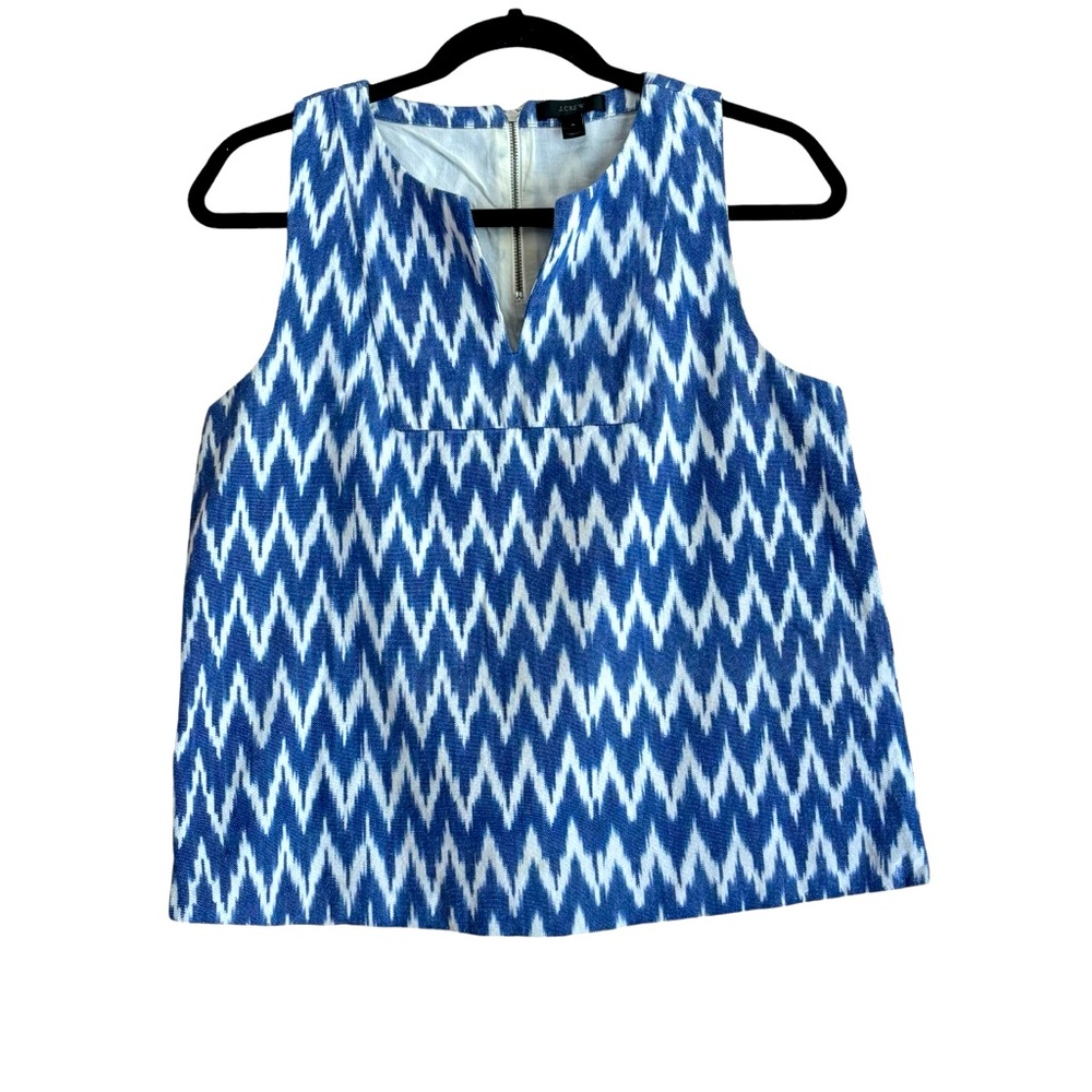 J.CREW~ Woven Blue and White Chevron IKAT Sleeveless Top Zipper‎ Back. Size 4